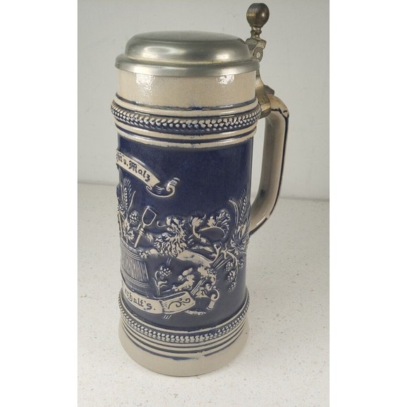 Vintage Original Gerzit Lidded German Stoneware Beer Stein Cobalt Blue Pewter - Picture 8 of 14